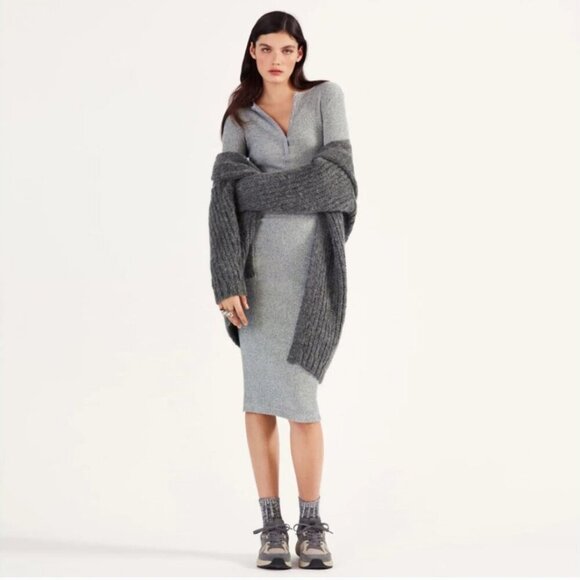 ZARA Henley Heather Gray Ribbed Polo Neck Soft Midi Dress Scandi Girl Size M - Picture 2 of 16